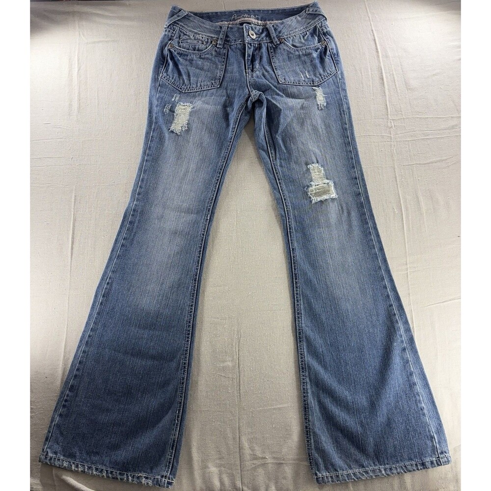 VTG Y2K Amethyst Distressed Low Rise Flare Jeans Size 5 Flap Pocket Embroidered